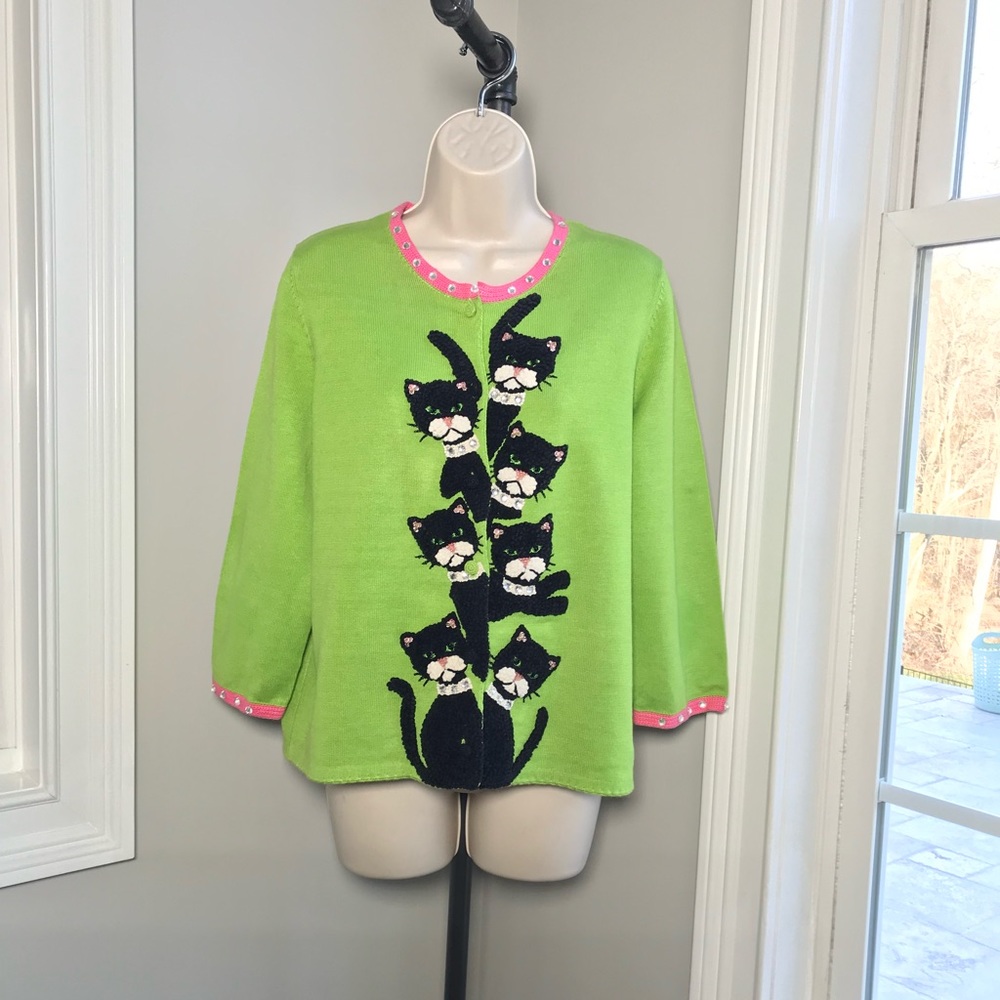 Vintage Michael Simon Black Cats Cardigan Sweater ~ Women’s Large  EUC